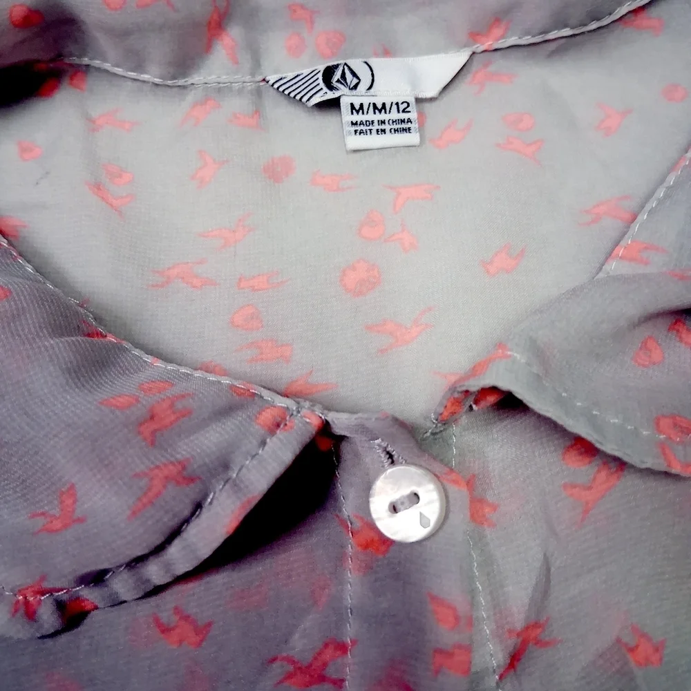 Volcom Sleeveless Sheer Button-Down Shirt - Gray and Pink Floral - Picture 4 of 5